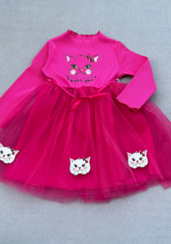 5-6-7 Yaş Minik Kedi Desenli Kurdela Kuşaklı Astarlı Kız Çocuk Tütü Elbise