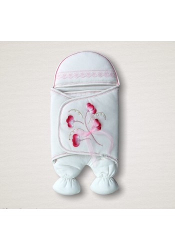 Yenidoğan Yapay Çiçek İşlemeli Şapkalı Lüks Kız Bebek Ayaklı Kundak Bebek Battaniyesi