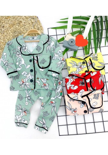 9-12-18-24 Ay Bugs Bunny Baskılı Düğme Kapama 2li Kız Erkek Bebek Pijama Takımı