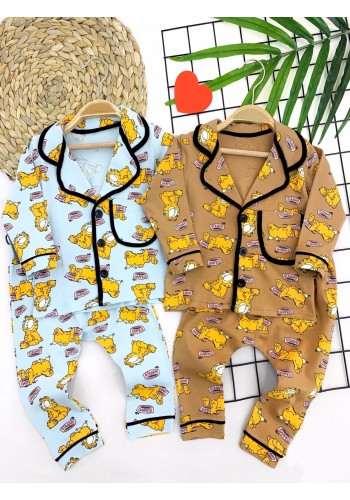 9-12-18-24 Ay Garfield Baskılı Düğme Kapamalı 2li Kız Erkek Bebek Pijama Takımı