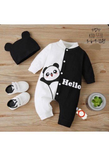3-6-9-12 Ay Kulaklı Şapkalı Hello Panda Baskılı Çıtçıt Kapama Kız Erkek Bebek Tulumu(ayakkabısız)