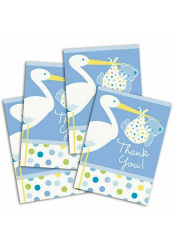 Mavi Renk Baby Stork Baby Shower Teşekkür Zarfı Ve Not Seti 8 Adet