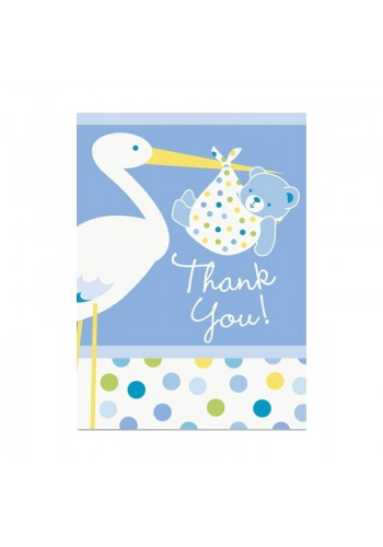 Mavi Renk Baby Stork Baby Shower Teşekkür Zarfı Ve Not Seti 8 Adet