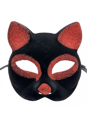 Siyah Renk Kırmızı Simli Süet Kaplama Kedi Maskesi 18x14 Cm