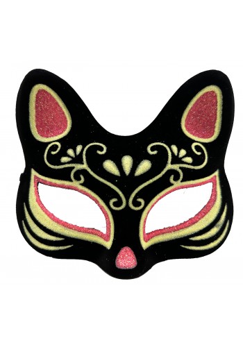 Siyah Renk Süet Kaplama üzeri Kırmızı Sarı Simli Kedi Maskesi 17x14 Cm