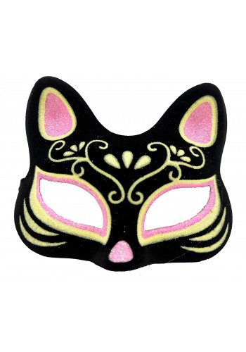 Siyah Renk Süet Kaplama üzeri Pembe Sarı Simli Kedi Maskesi 17x14 Cm
