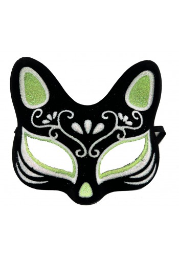Siyah Renk Süet Kaplama üzeri Gümüş Yeşil Simli Kedi Maskesi 17x14 Cm