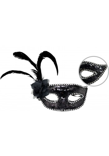Siyah Renk Yandan Tüylü Güllü Gümüş Taşlı Pullu Maske 20x22 Cm