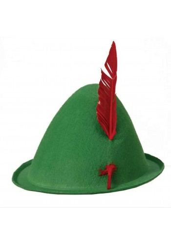 Yeşil Renk Kırmızı Tüylü Peter Pan şapkası Robin Hood şapkası 24x23 Cm